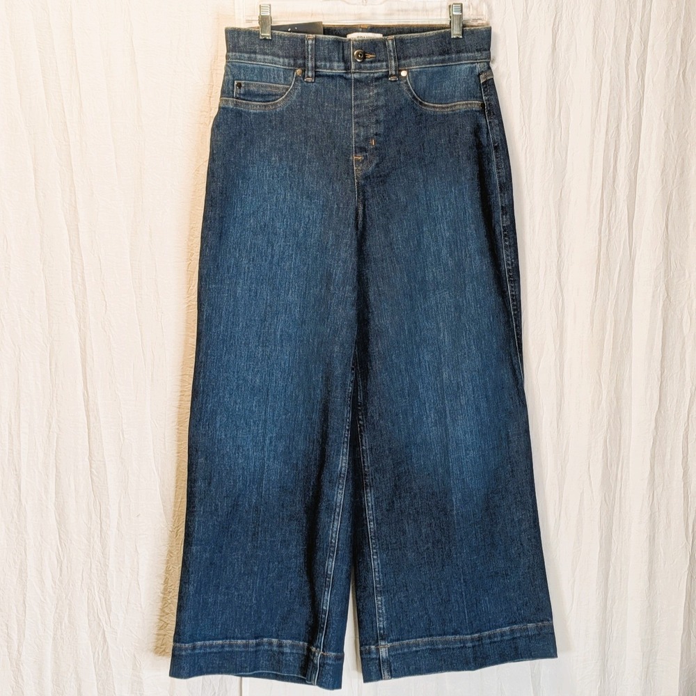 Spanx Cropped Wide-Leg Pull On Jeans Size M Blue Denim Patch Pockets High Rise